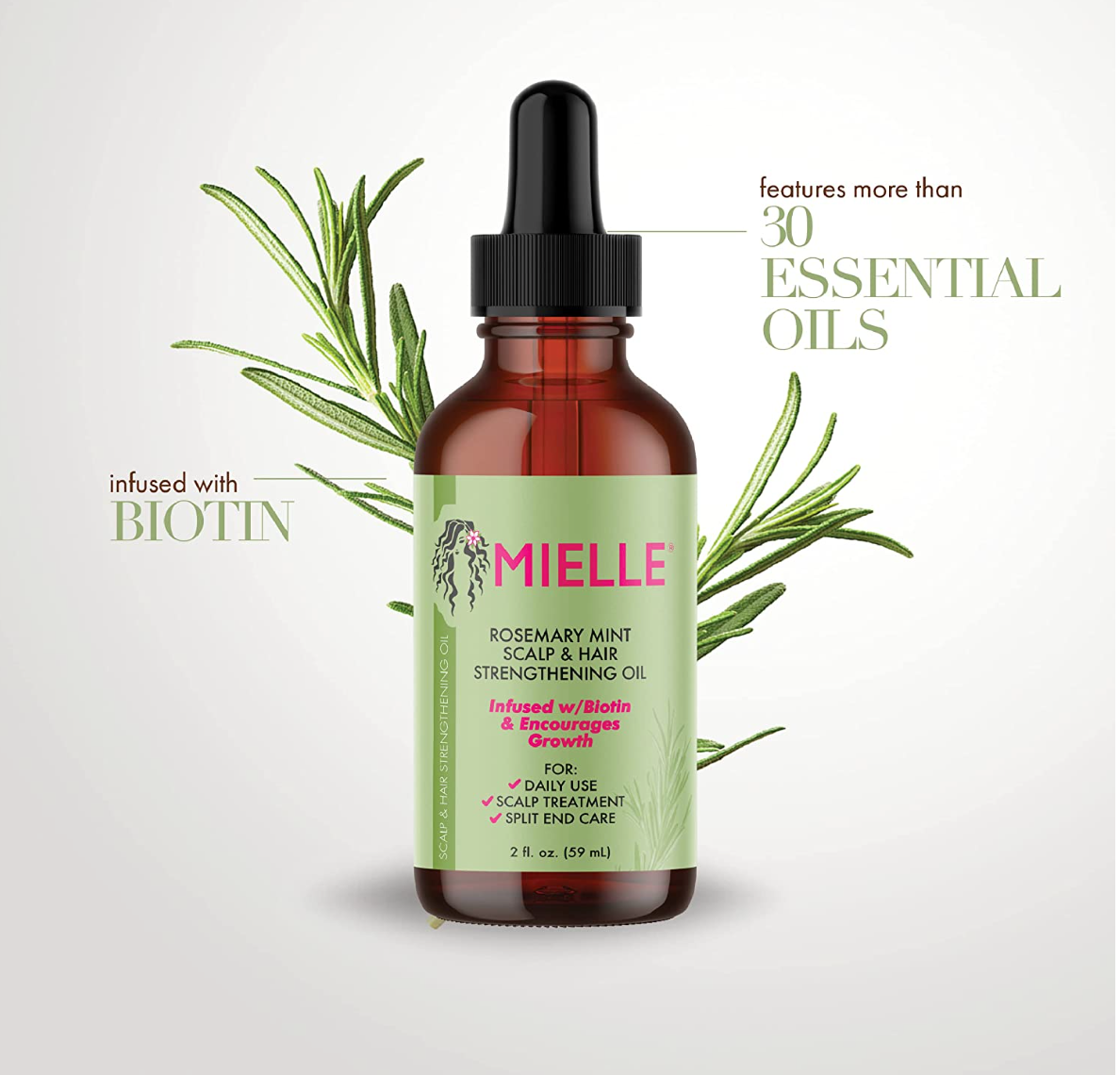 Mielle Organics Rosemary Mint Scalp & Hair Strengthening Oil With Biotin & Essential Oils, Nourishing Treatment for Split Ends and Dry Scalp for All Hair Types, 2-Fluid Ounces