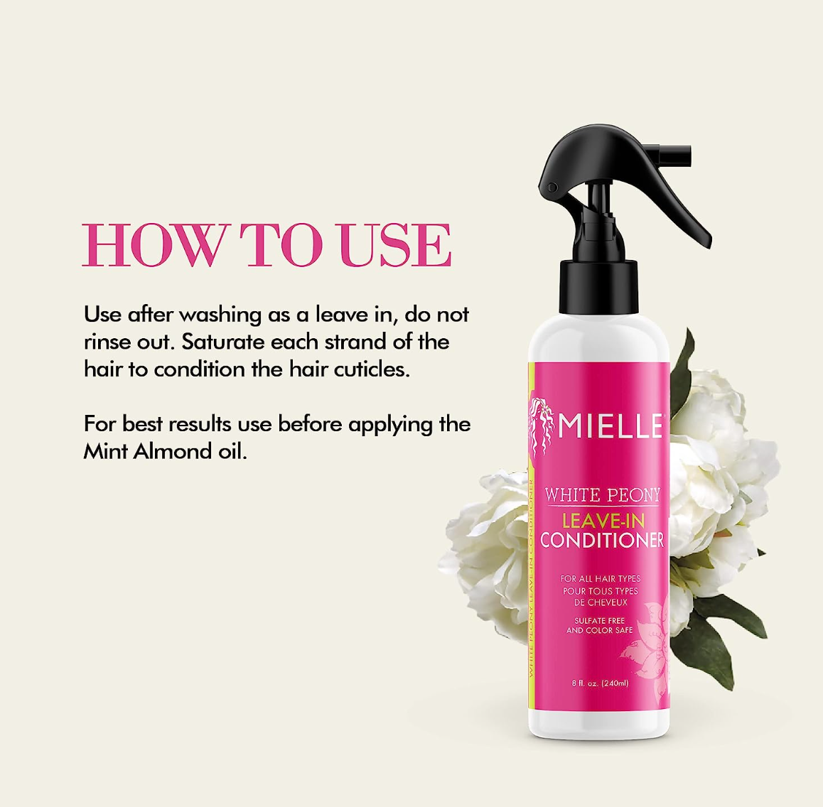 Mielle Organics White Peony Sulfate-Free Leave-In Conditioner, Color Safe, 8 Ounces
