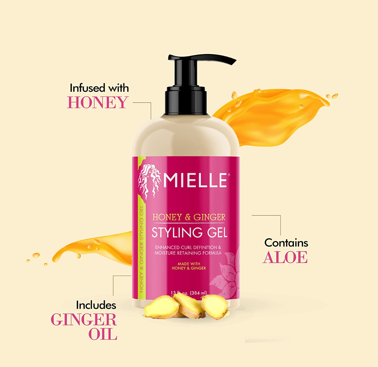 Mielle Organics Honey & Ginger Styling Gel for Enhanced Curl Definition and Moisture Retaining with Aloe for Dry, Curly, Thick, and Frizzy Hair, Non-Sticky, 13 Ounces