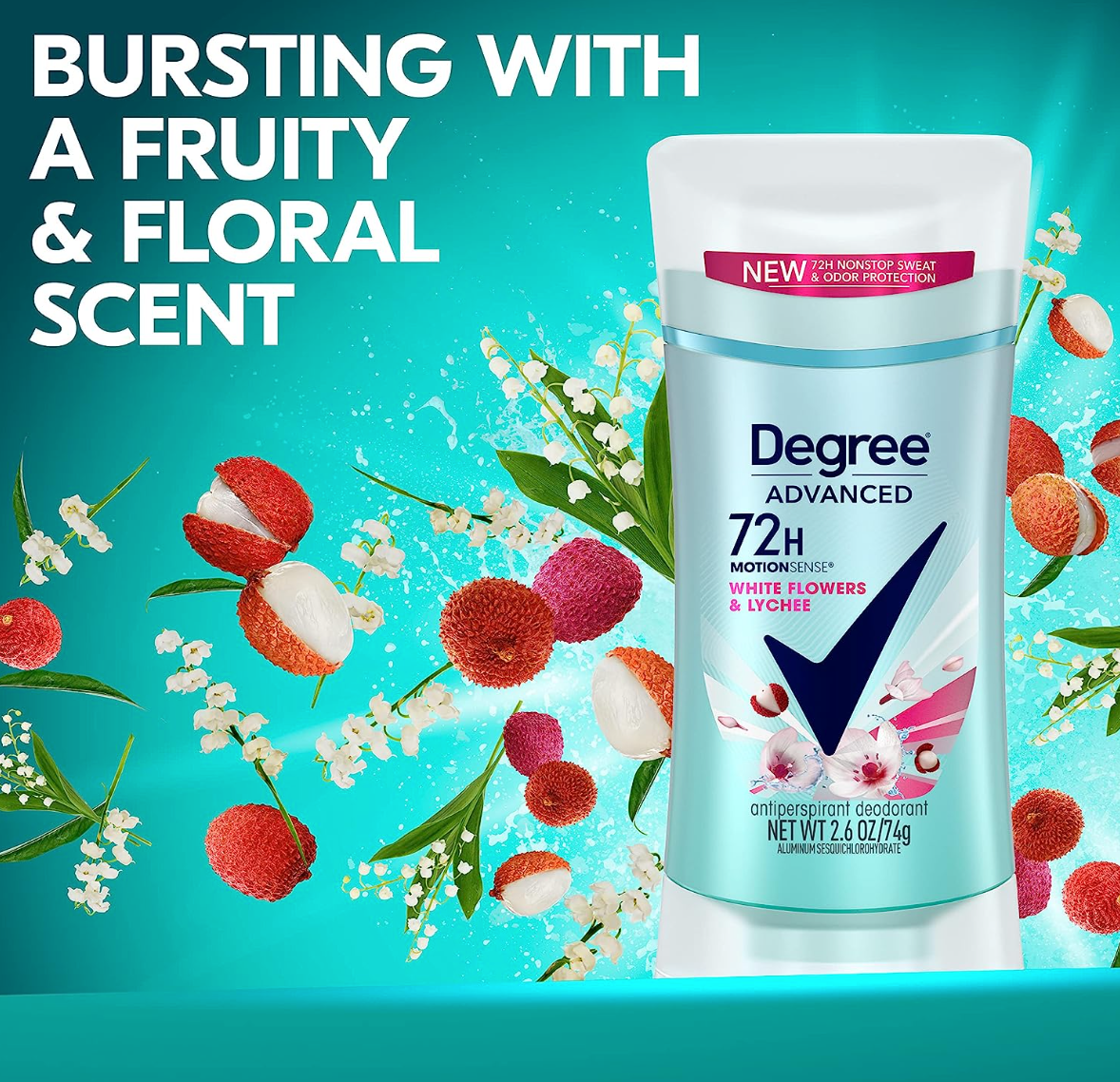 Degree Advanced Antiperspirant Deodorant 72-Hour Sweat & Odor Protection White Flowers & Lychee Antiperspirant for Women with MotionSense Technology 2.6 oz