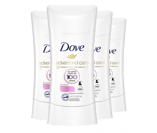 Dove Antiperspirant Deodorant Stick No White Marks on 100 Colors Clear Finish 48-Hour Sweat and Odor Protecting Deodorant for Women, 2.6 Ounce (Pack of 4)