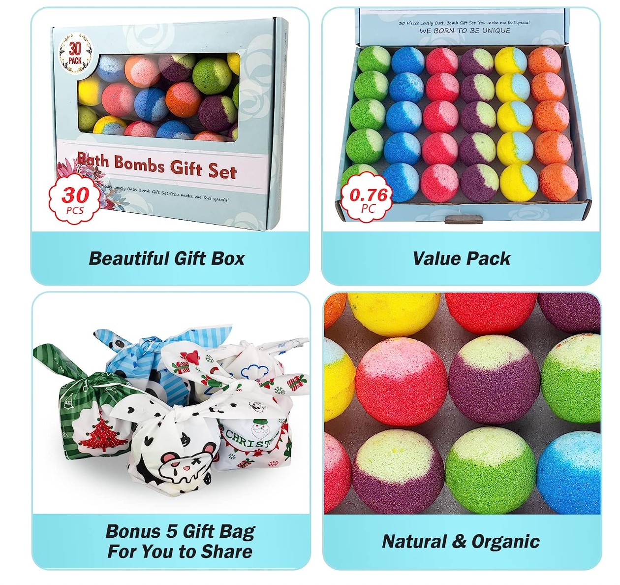 30 Pcs Bath Bomb Gift Set, Natural Organic Mini Bath Bombs, Handmade with Rich Fizz - Best Birthday Gift for Kids/Women/Men, Mother's Day