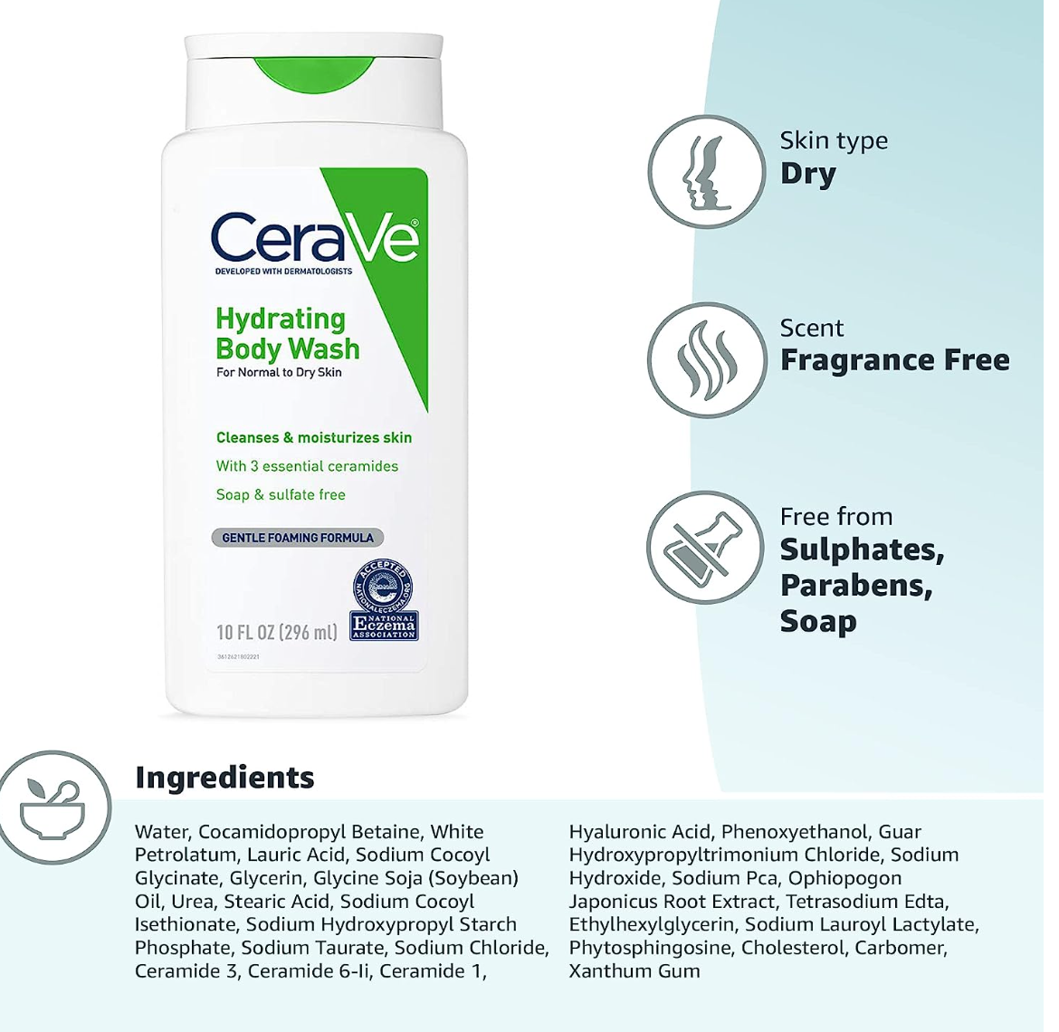 CeraVe Body Wash for Dry Skin | Moisturizing Body Wash with Hyaluronic Acid and Ceramides | Paraben, Sulfate & Fragrance Free | 10 Ounce