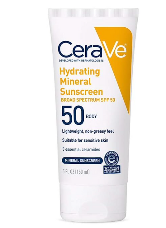 CeraVe 100% Mineral Sunscreen SPF 50 | Body Sunscreen with Zinc Oxide & Titanium Dioxide for Sensitive Skin | With Hyaluronic Acid and Ceramides | 5 oz