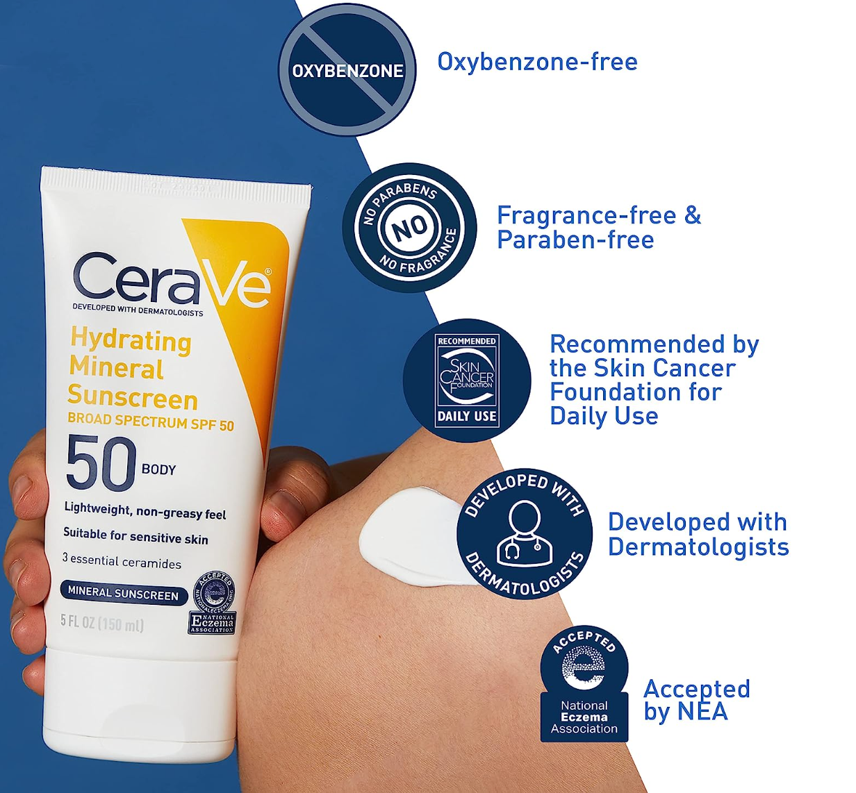 CeraVe 100% Mineral Sunscreen SPF 50 | Body Sunscreen with Zinc Oxide & Titanium Dioxide for Sensitive Skin | With Hyaluronic Acid and Ceramides | 5 oz