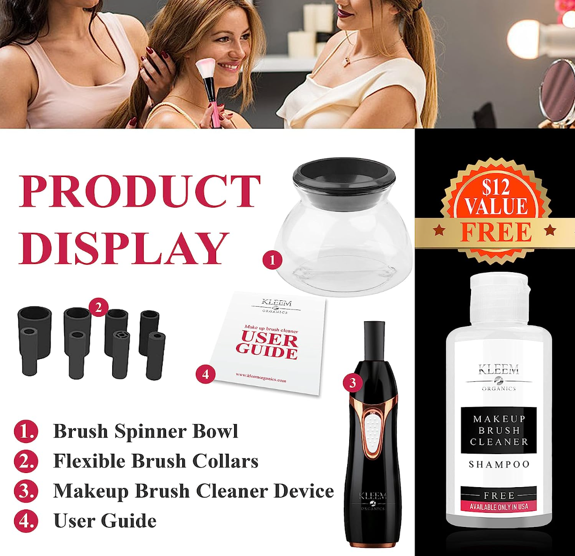 Electric Makeup Brush Cleaner Machine with FREE Makeup Cleaner Shampoo - Automatic Makeup Brush Washing Machine and Spinning Dryer with Rubber Collars - Clean, Rinse and Dry in Seconds