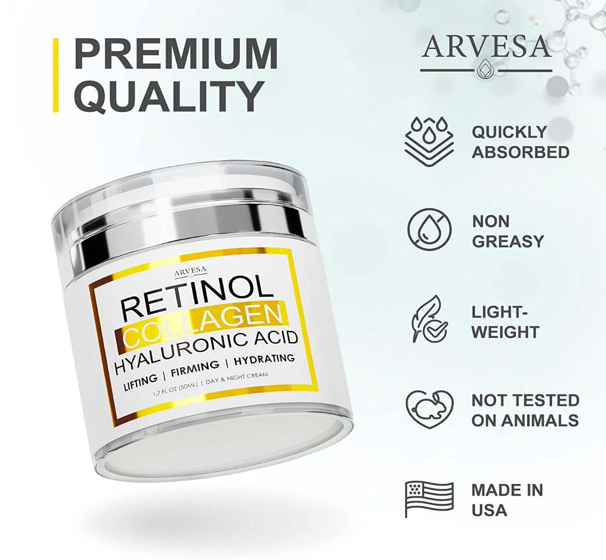 Retinol Cream for Face - Facial Moisturizer with Collagen Cream and Hyaluronic Acid - Anti Aging Face Cream - Day and Night Face Lotion for Women and Men - Hydrating Wrinkle Cream for Face - All Skin Types