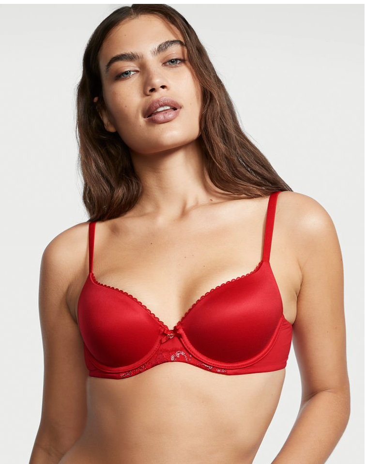 VICTORIA'S SECRET　BODY BY VICTORIA  スムーズ ライトリー ラインド デミブラ スムースレースディテール 　リップスティック レッド