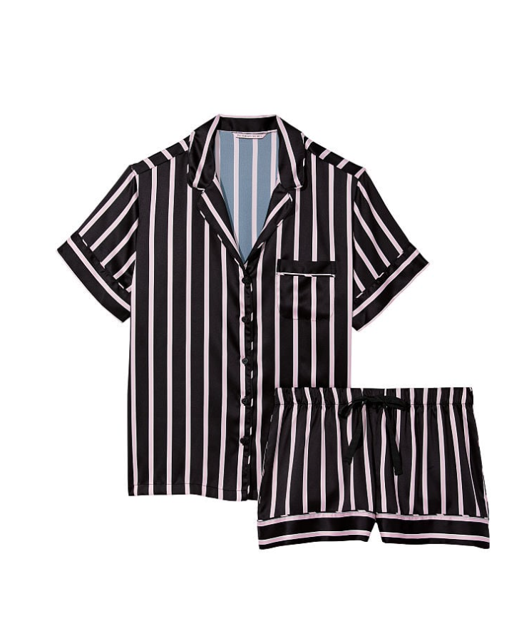 VICTORIA'S SECRET サテン ショートパンツ パジャマセット　ブラック クラシック ストライプ