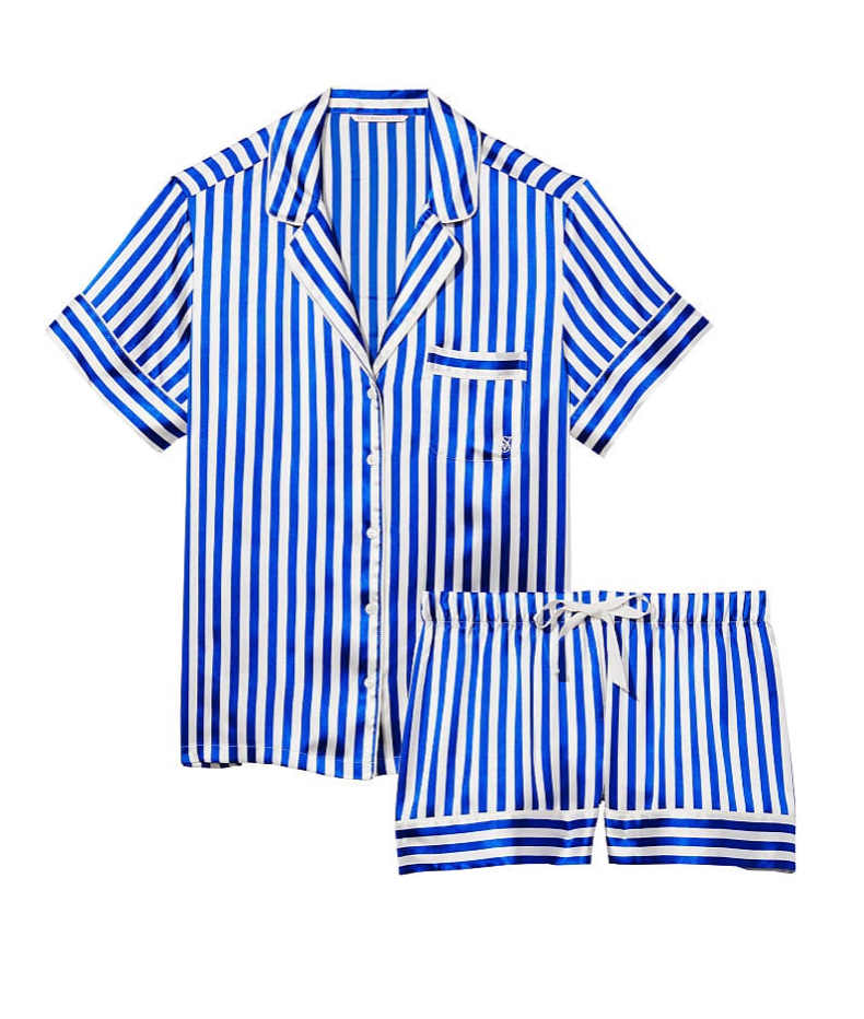 VICTORIA'S SECRET サテン ショートパンツ パジャマセット ブルー アイコニック ストライプ