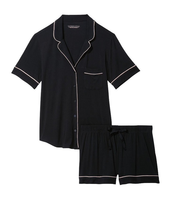 VICTORIA'S SECRET　モダール ショートパンツ パジャマセット ブラック × エンジェル ピンク パイピング