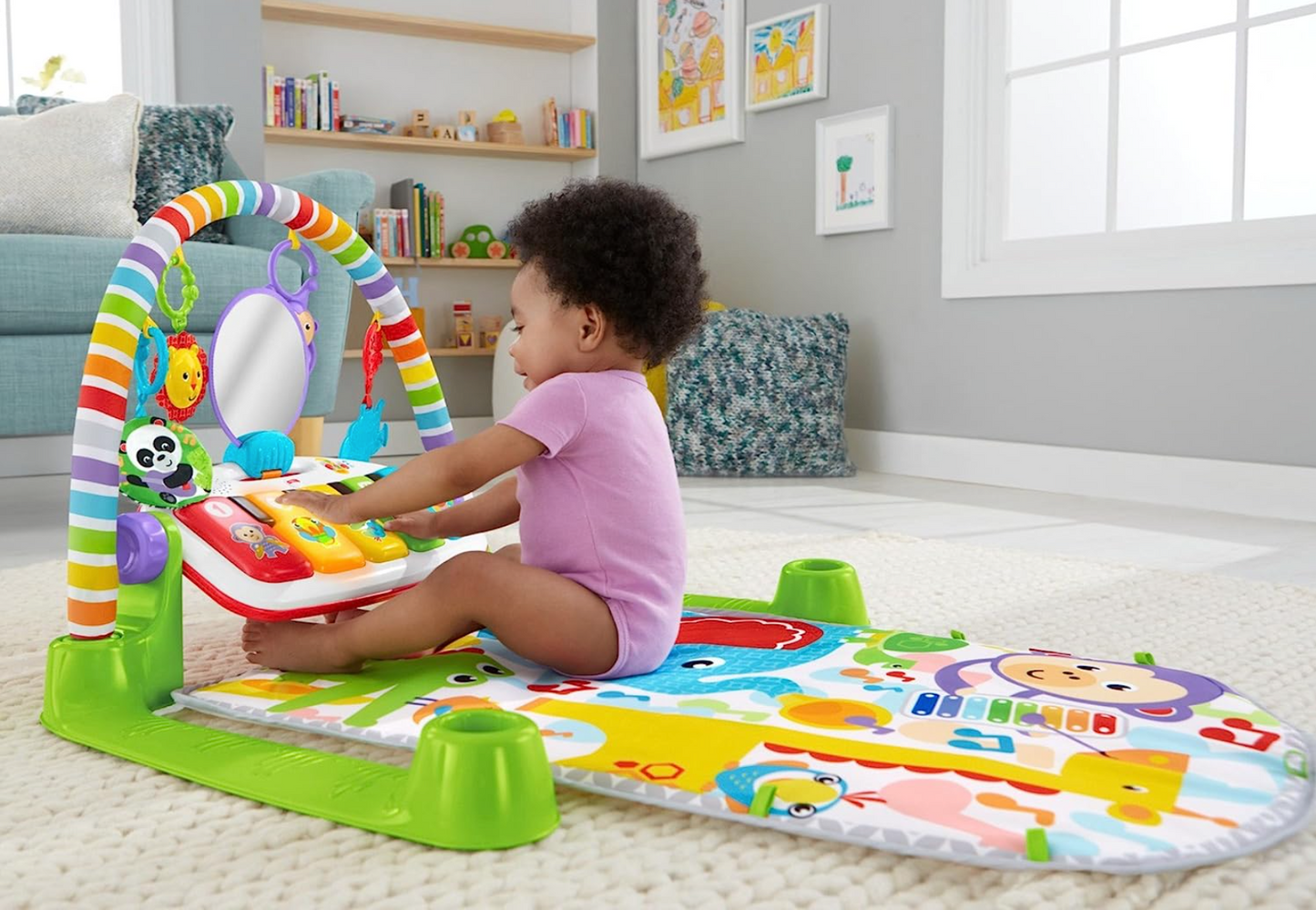 Fisher Price Baby Playmat Deluxe Kick & Play Piano Gym & Maracas with Smart Stages Learning Content, 5 Linkable Toys & 2 Soft Rattles