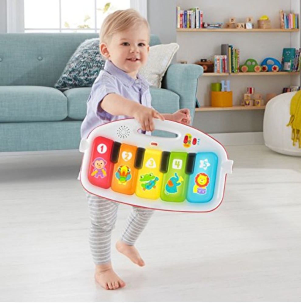 Fisher Price Baby Playmat Deluxe Kick & Play Piano Gym & Maracas with Smart Stages Learning Content, 5 Linkable Toys & 2 Soft Rattles