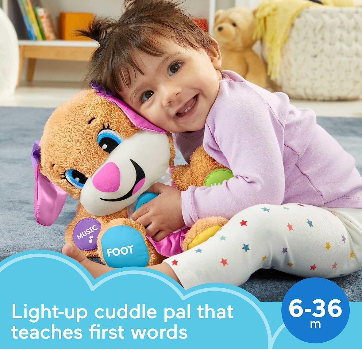 Fisher-Price Laugh & Learn Baby & Toddler Toy Smart Stages Sis Interactive Plush Dog with Music Lights & Learning Content for Ages 6+ Months