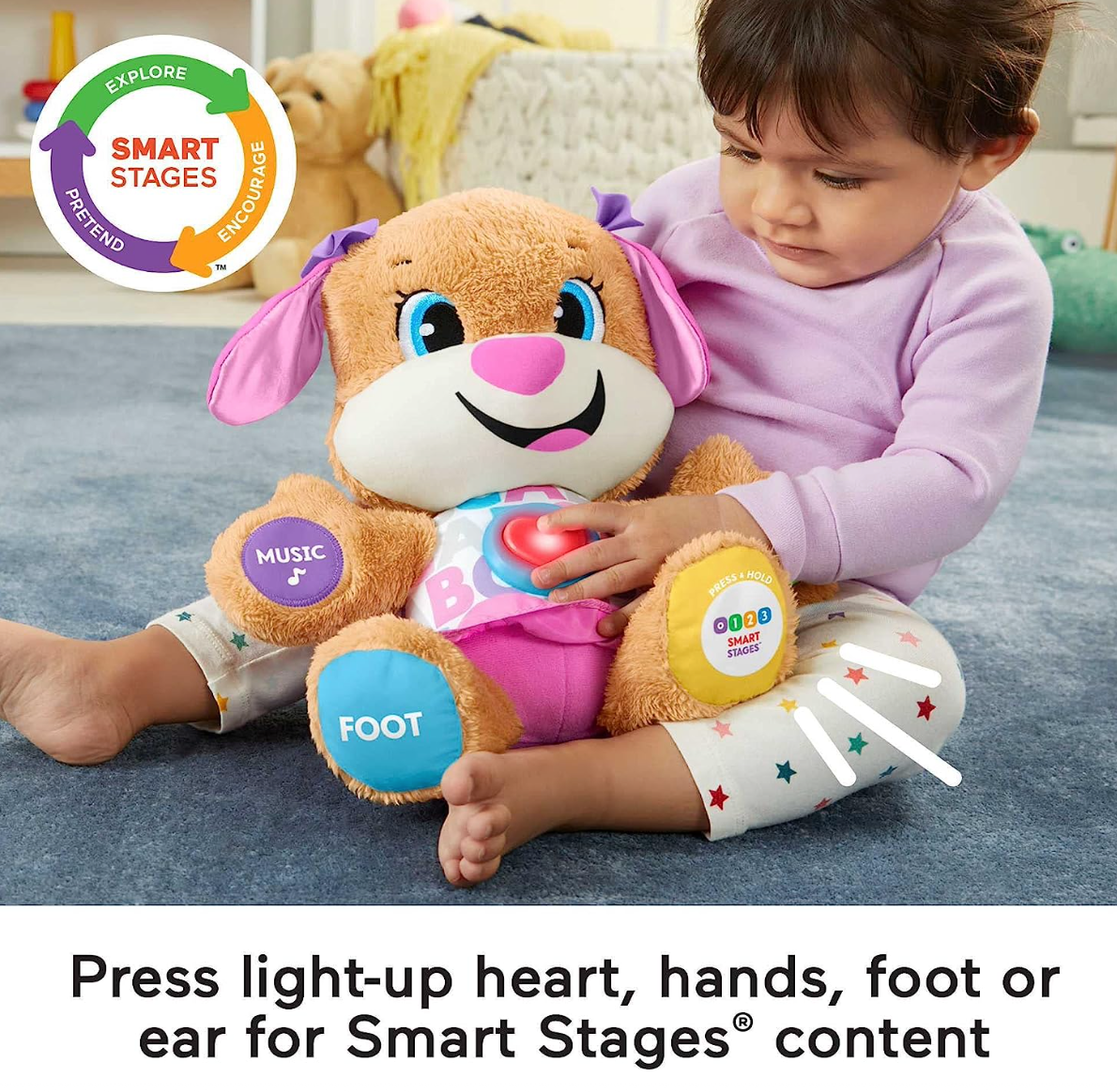 Fisher-Price Laugh & Learn Baby & Toddler Toy Smart Stages Sis Interactive Plush Dog with Music Lights & Learning Content for Ages 6+ Months