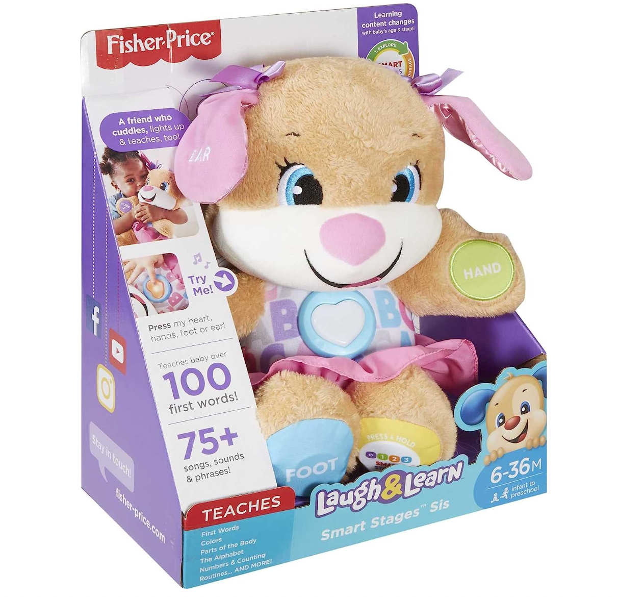 Fisher-Price Laugh & Learn Baby & Toddler Toy Smart Stages Sis Interactive Plush Dog with Music Lights & Learning Content for Ages 6+ Months