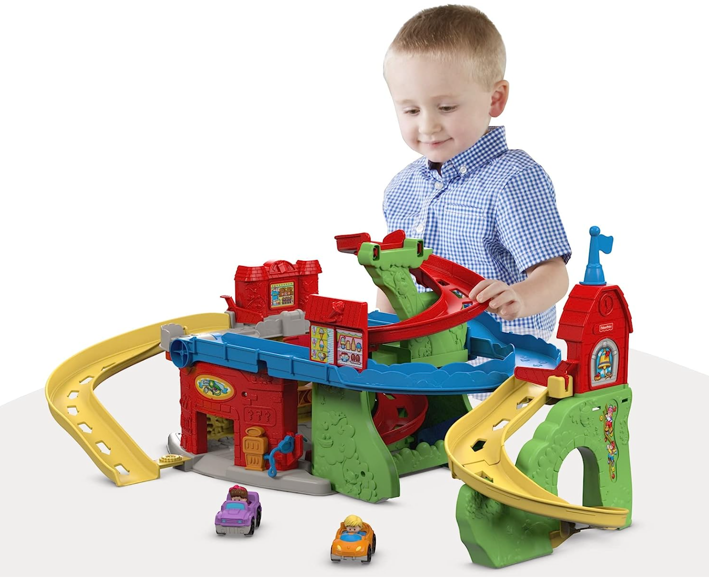 Fisher-Price Little People Toddler Race Track Playset Sit ‘n Stand Skyway, 34+ Inches Tall, 2 Toy Cars for Ages 18+ Months