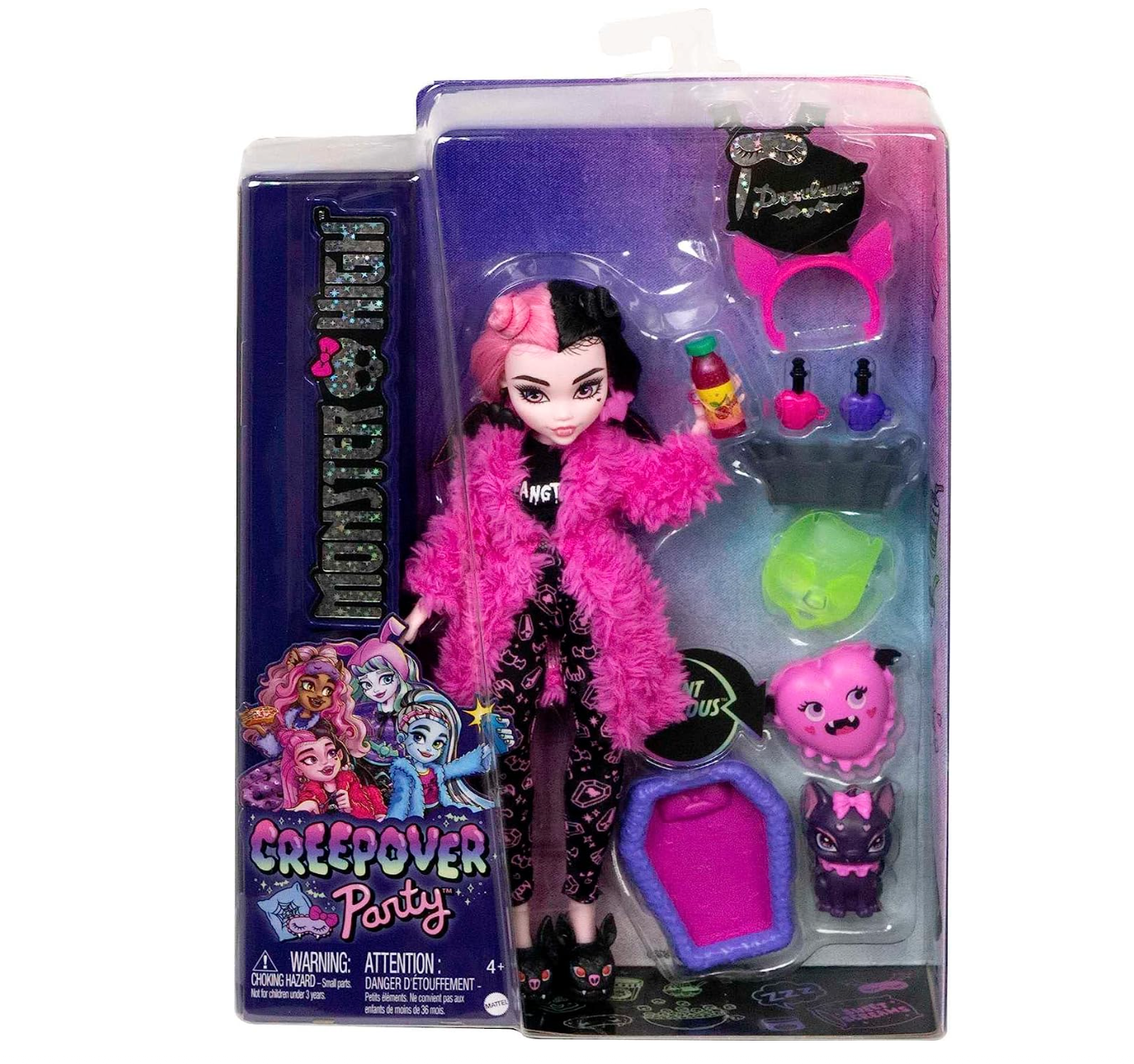 Monster High Doll, Draculaura Creepover Party Set with Pet Bat Count Fabulous, Sleepover Clothes and Accessories, Colors and decorations may vary.