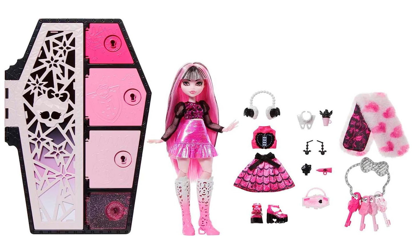 Monster High Skulltimate Secrets Fearidescent Series Doll & Accessories, Draculaura, Dress-Up Locker & 19+ Surprises
