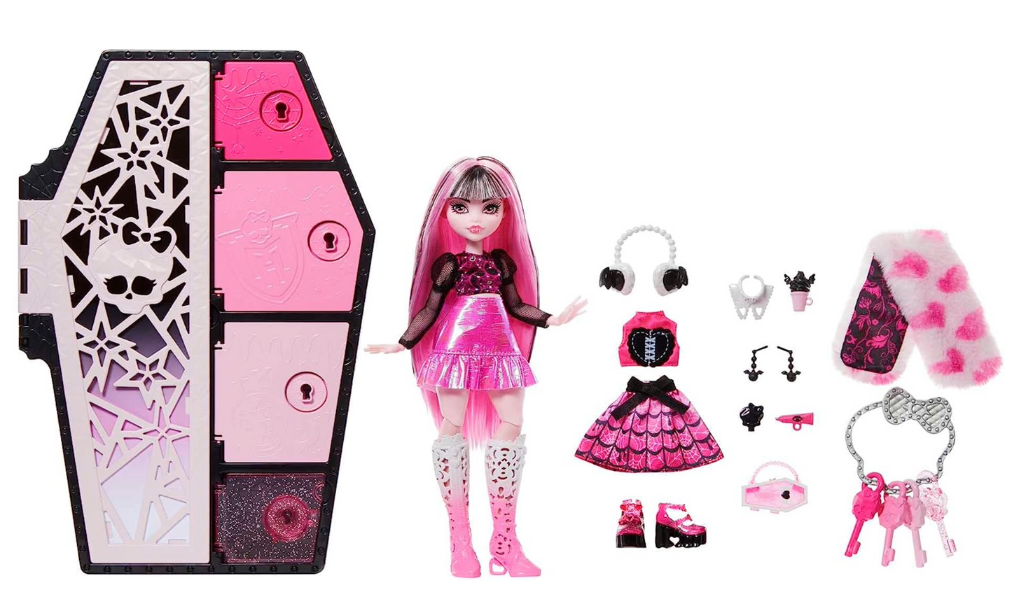 Monster High Skulltimate Secrets Fearidescent Series Doll & Accessories, Draculaura, Dress-Up Locker & 19+ Surprises