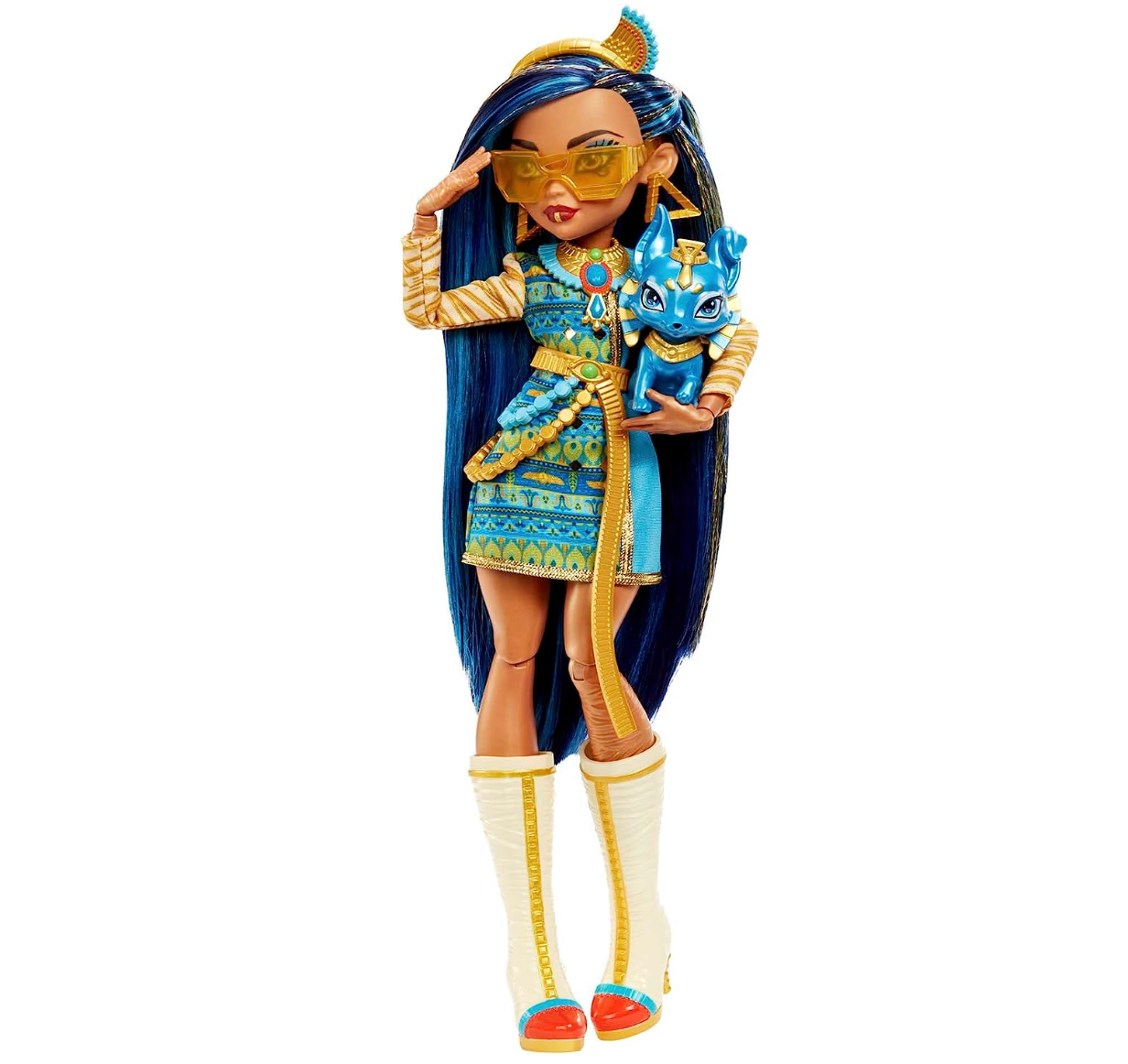 Monster High Cleo De Nile Fashion Doll with Blue Streaked Hair, Signature Look, Accessories & Pet Dog