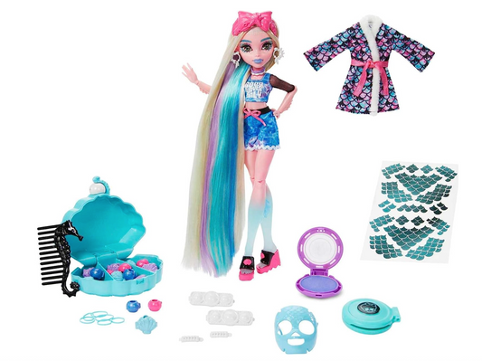Monster High Doll, Lagoona Blue Spa Day Set with Wear and Share Accessories Like Hair Clips, Hair Chalk and Tattoos