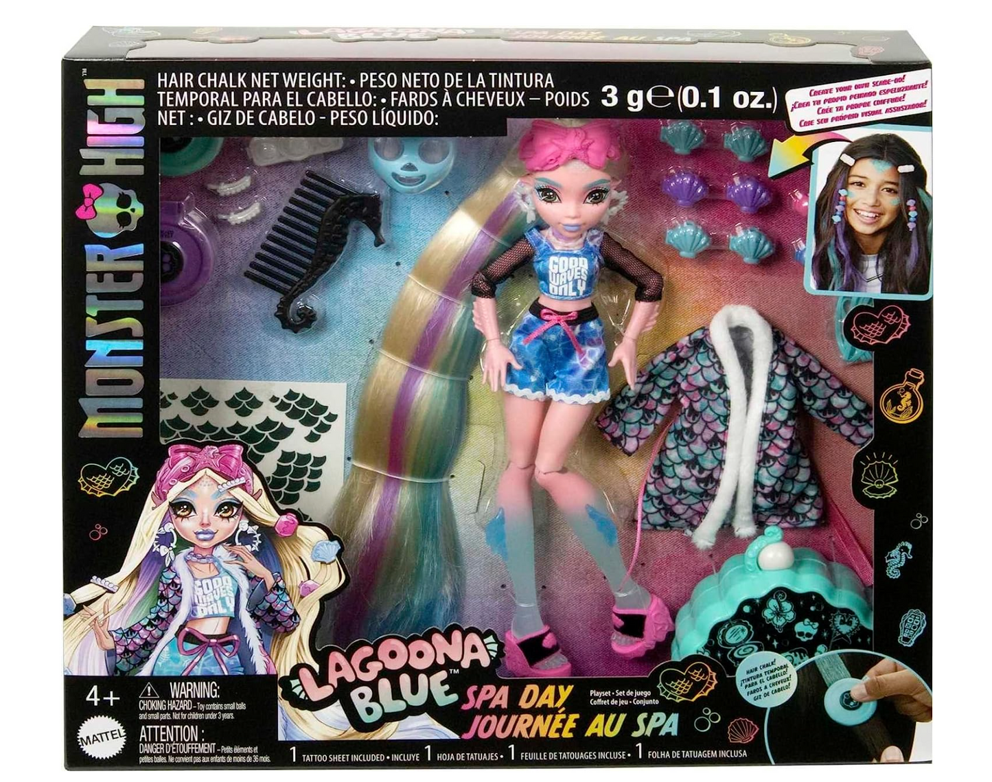 Monster High Doll, Lagoona Blue Spa Day Set with Wear and Share Accessories Like Hair Clips, Hair Chalk and Tattoos