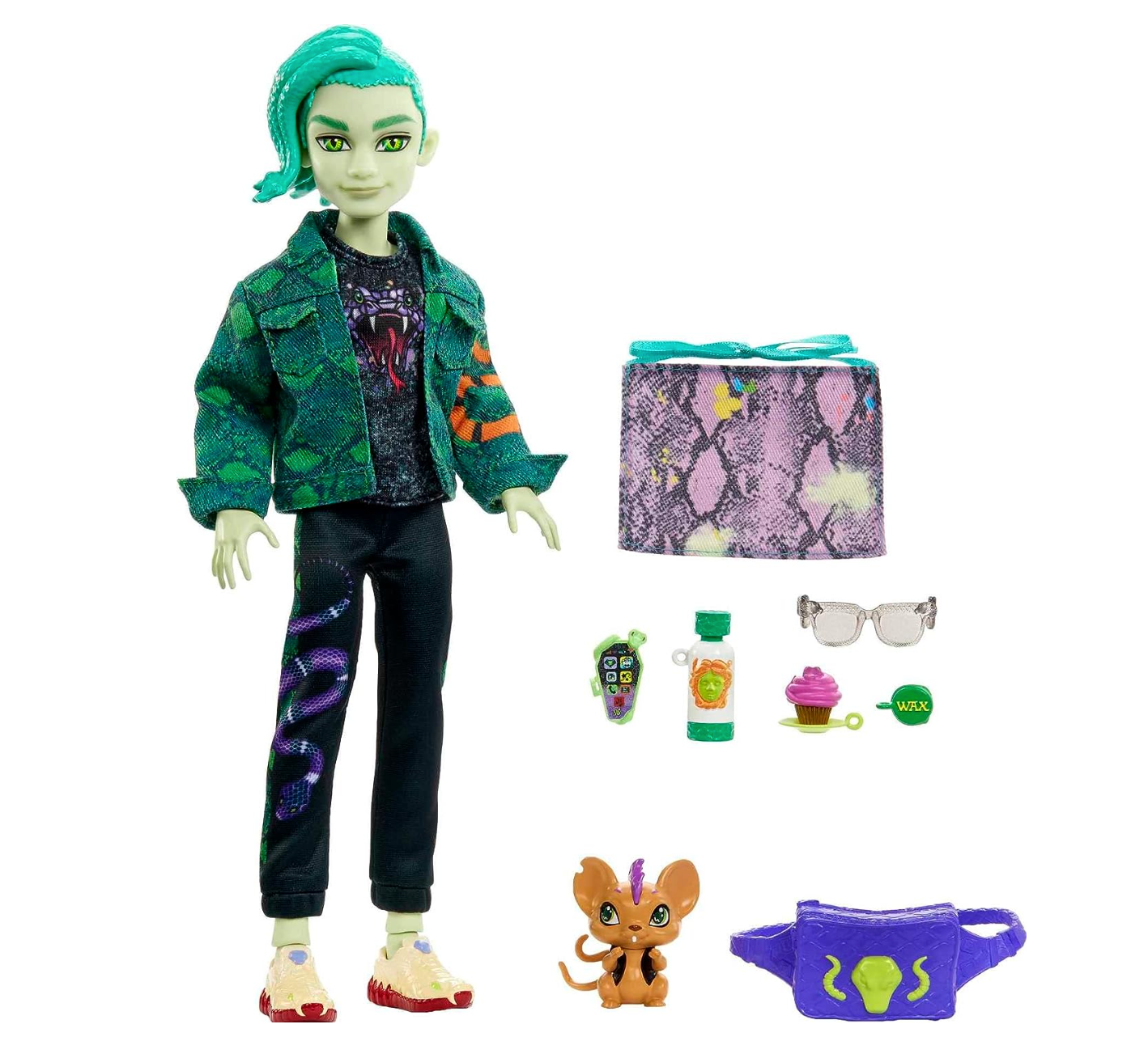 Monster High Deuce Gorgon Fashion Doll with Denim Snake Jacket, Signature Look, Accessories & Pet
