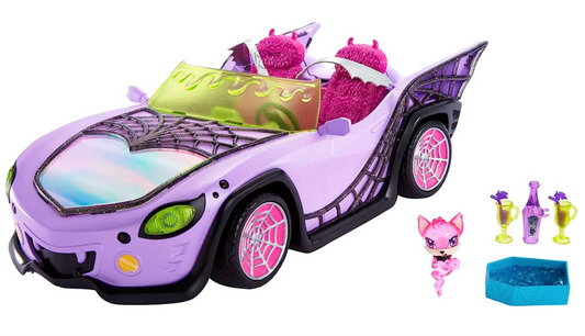 Monster High Toy Car, Ghoul Mobile with Pet and Cooler Accessories, Purple Convertible with Spiderweb Details Large