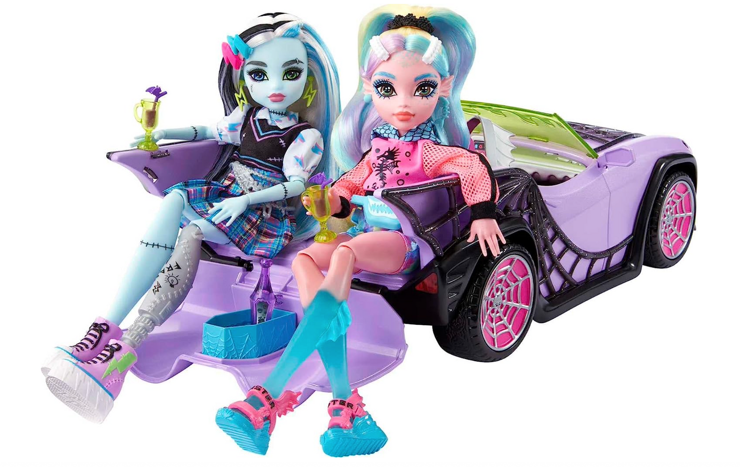 Monster High Toy Car, Ghoul Mobile with Pet and Cooler Accessories, Purple Convertible with Spiderweb Details Large