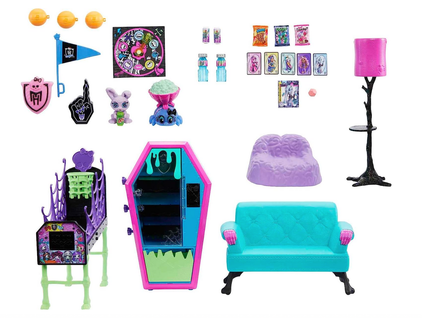 Monster High Student Lounge Playset, Doll House Furniture and Themed Accessories with Two Pets and Working Vending Machine