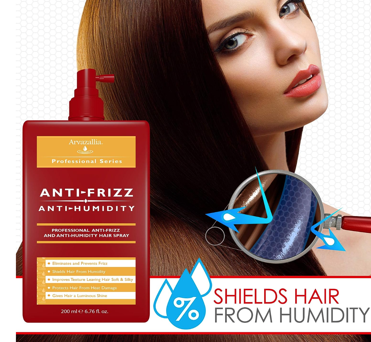 Arvazallia Antifrizz and Antihumidity Hair Spray - Professional Frizz Control, Anti-humidity, Heat Protectant, and Shine Serum