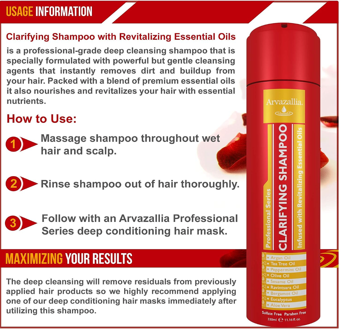 Arvazallia Clarifying Shampoo Infused with Revitalizing Essential Oils - Professional-Grade Anti-Residue Cleanser with Argan Oil , Tea Tree Oil , Peppermint Oil , Olive Oil , Sesame Oil , Aloe