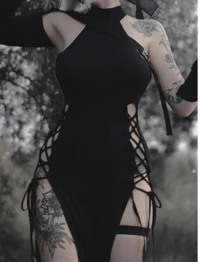 Goth Dark Cosplay High Split Sexy Bandage Women Dresses Y2K Mall Gothic Halter Slim Midi Dress Black Grunge Style Alt Partywear