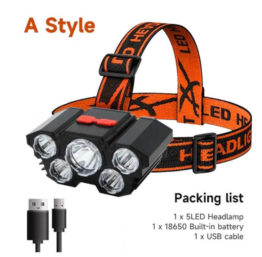 5 LED懐中電灯充電式18650バッテリー内蔵強力ライトキャンプ冒険釣りヘッドライトヘッドランプ