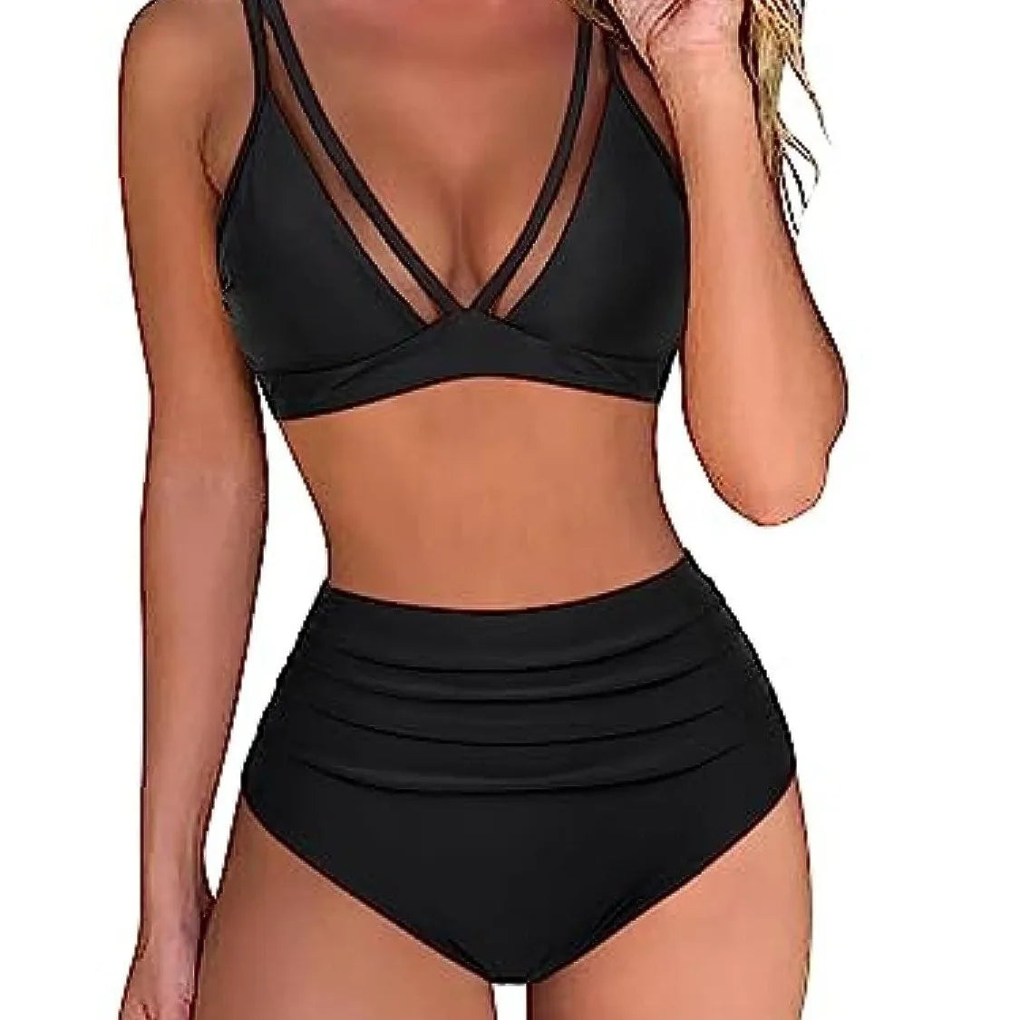 Sexy Solid Bikini Women 2024 High Waist Swimwear Female V neck Swimsuit Striped Bathing Suit Beachwear Summer Bikini Set Femme