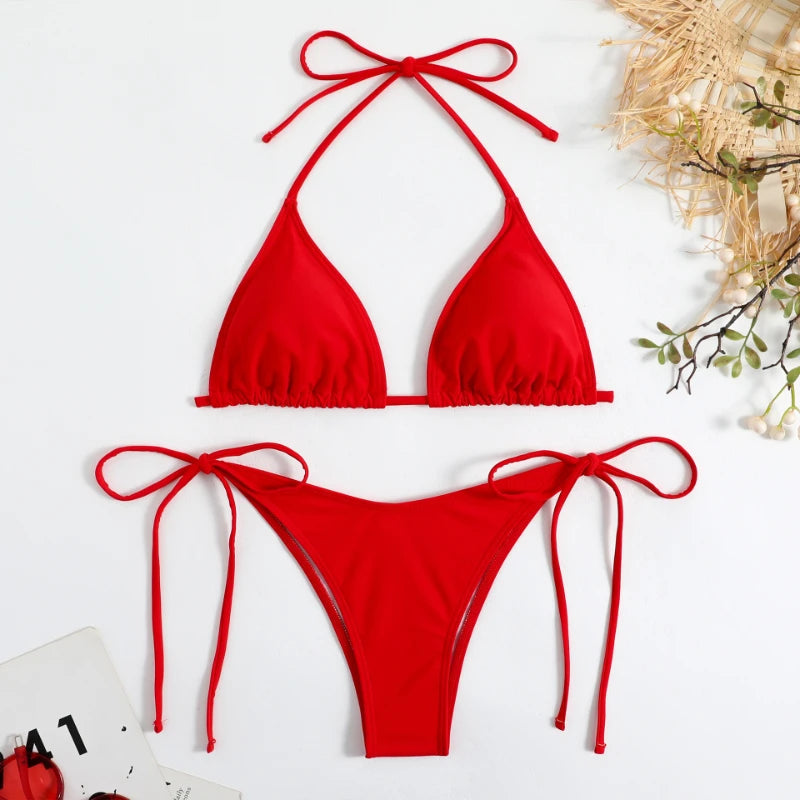 Sexy Women Thong Solid Color Bikini Set Side Halter Tie Swimsuit Ladies Split Strap Adjustable Brazilian Swimwear Beachwear