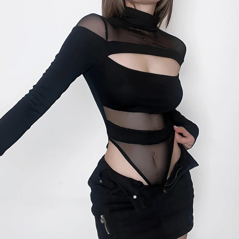 CIBBAR Black Hollow Out Bodysuit Mesh Patchwork Solid Full Sleeve See Through Bodycon Jumpsuit for Women Club Party Outfits Lady