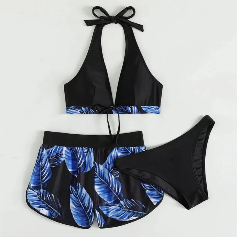 Women Sexy Beach Bikinis Three Pieces Bikini Set High Waist Swimsuit Swimwear Leaf Print Bathing Suit Women Beachwear Bath Suit