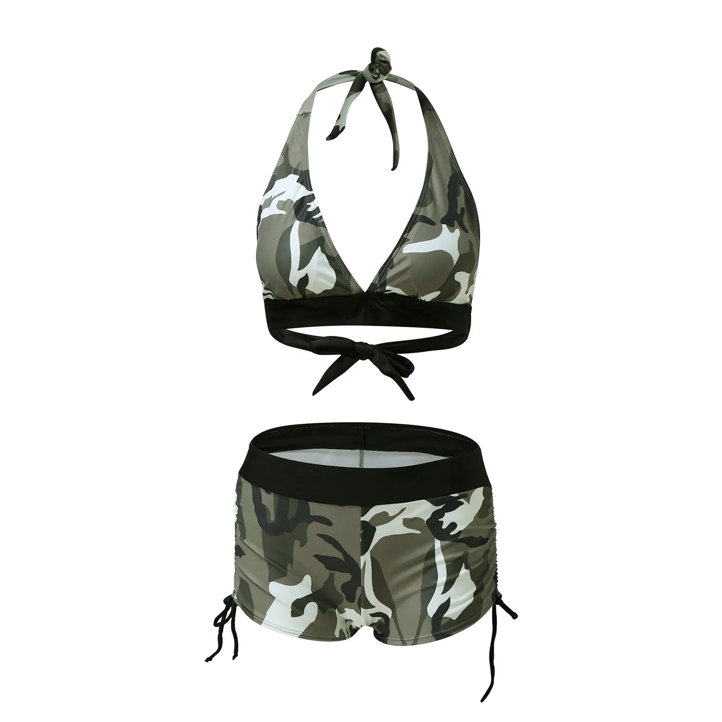 Women Ladies Color Camouflage Print Halter Bikini Swimsuit With Swim Shorts Two-piece Tankini Swimsuit Beachwear Swimwear Mujer