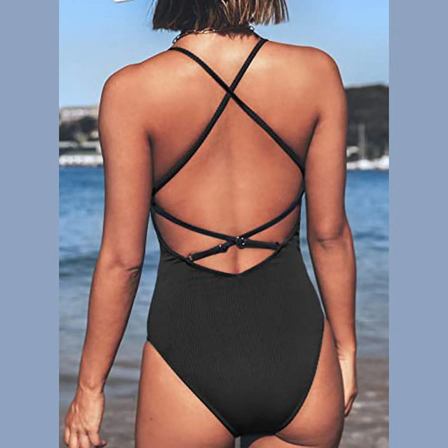 One-Piece Tight Bikini Sexy Solid Color Backless Strap Beachwear High Elastic Women'S One-Piece Swimsuit Ropa De BañO Para Mujer