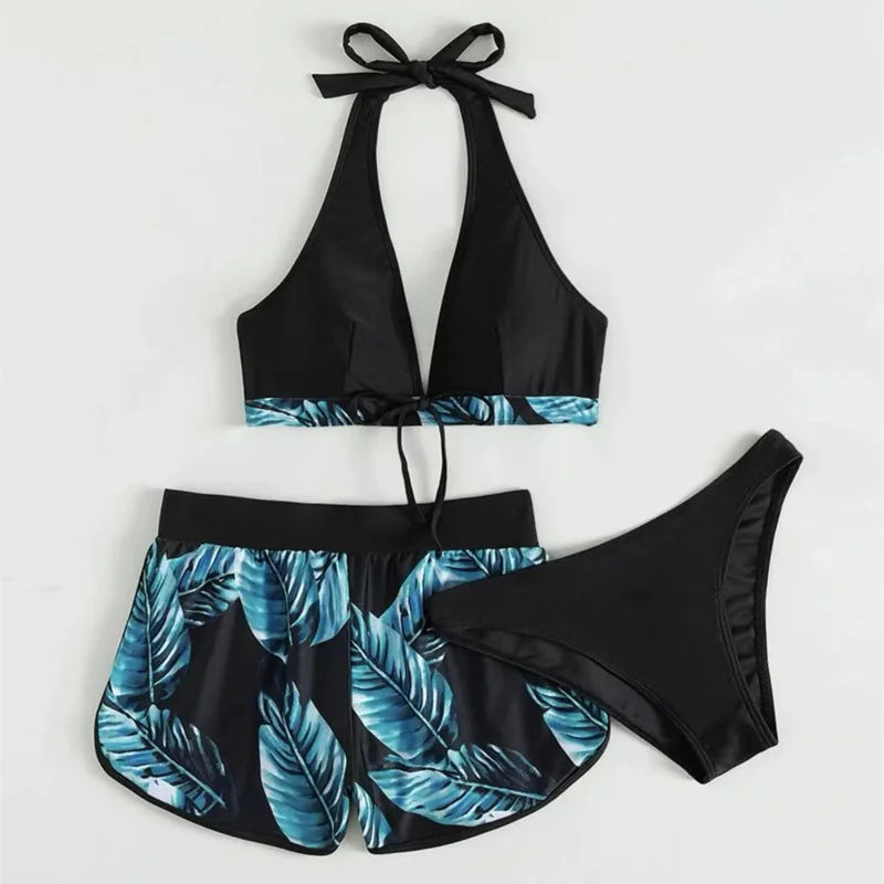 Women Sexy Beach Bikinis Three Pieces Bikini Set High Waist Swimsuit Swimwear Leaf Print Bathing Suit Women Beachwear Bath Suit