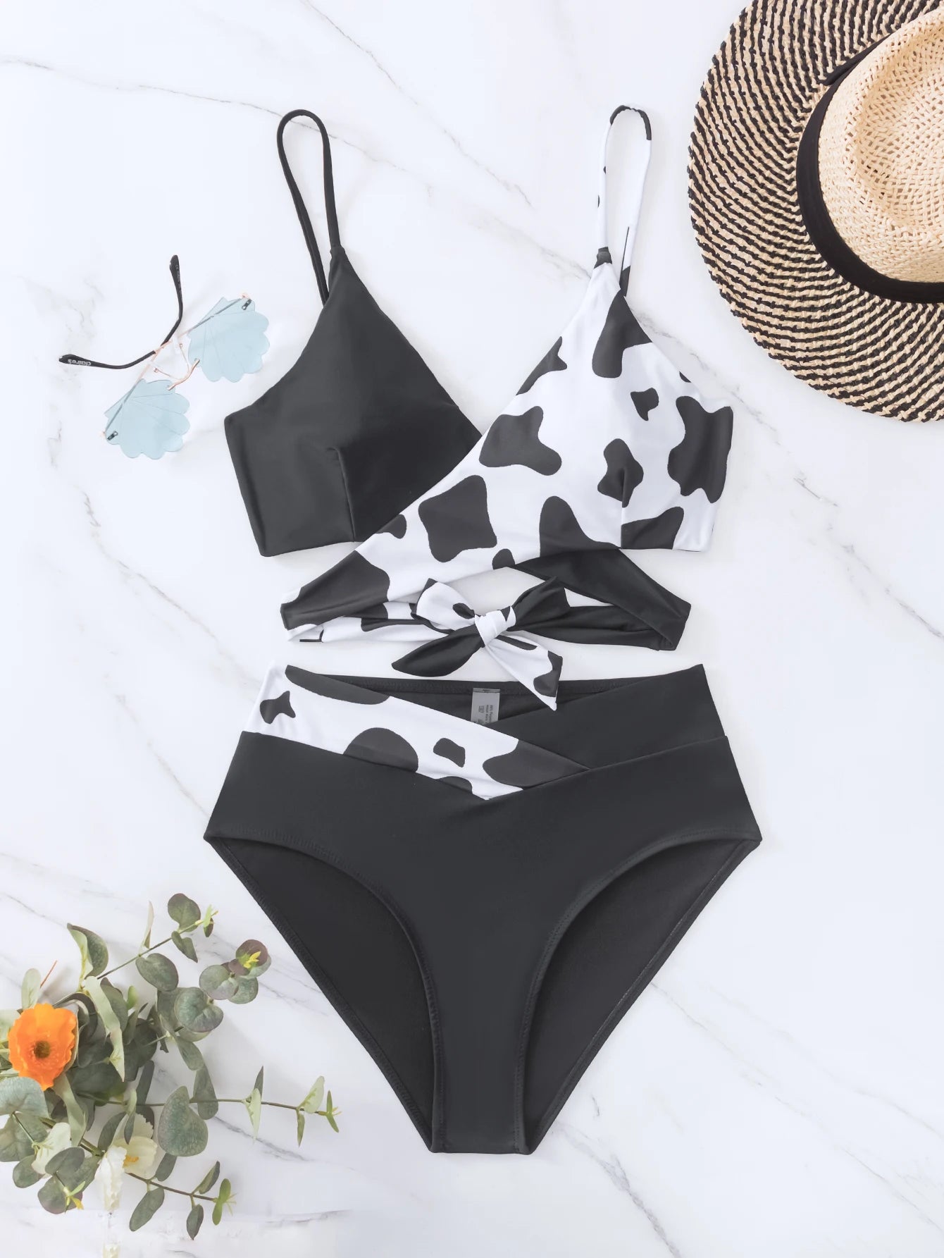 Black bikini with cow print chest crossed high waist