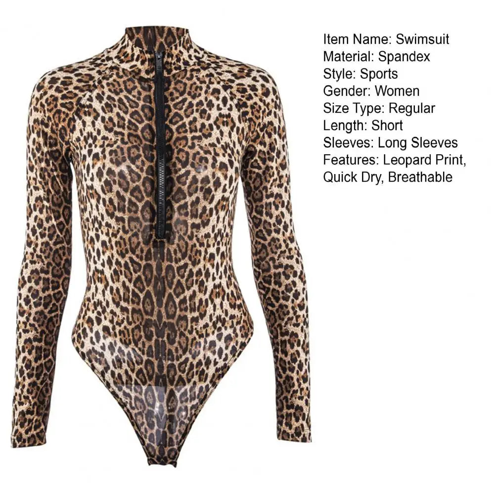 Women Surfing Swimsuit Leopard Print Skinny One Piece Breathable Swimwear Soft Long Sleeves Stand Collar Lady Swimming Playsuit