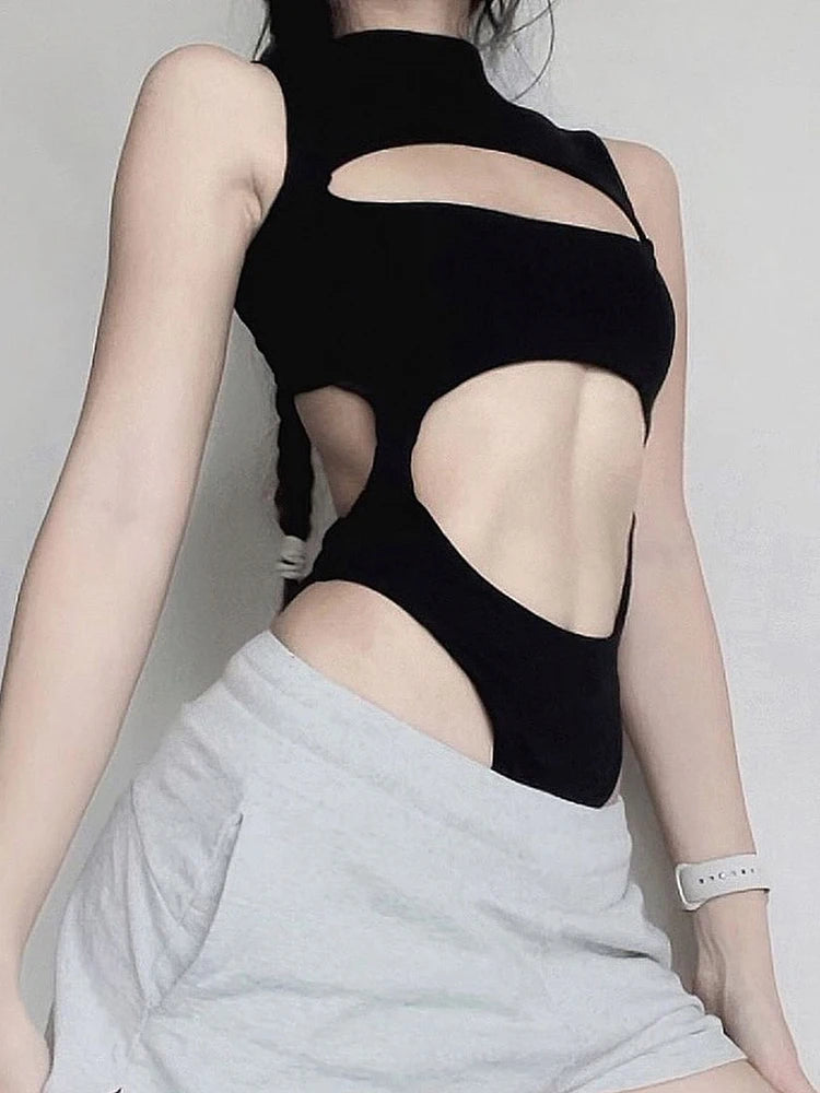 Solid Cut Out Sleeveless Skinny Half High Collar Bodycon Bodysuit Women