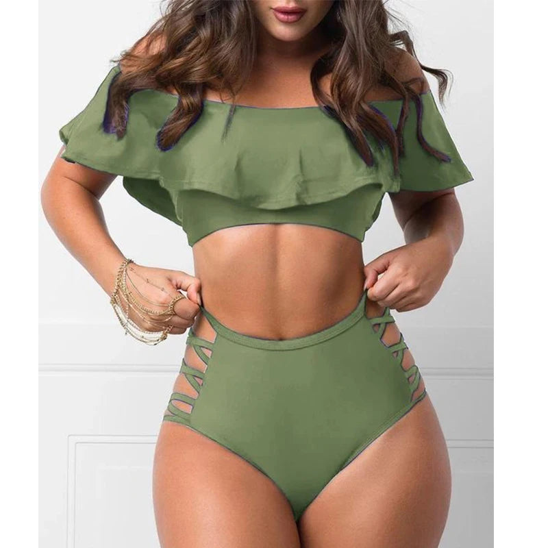 Europe and The United States Large Size Swimsuit Female Ruffled One-shoulder Sexy Bikini Tight Solid Color Split Foreign Trade S