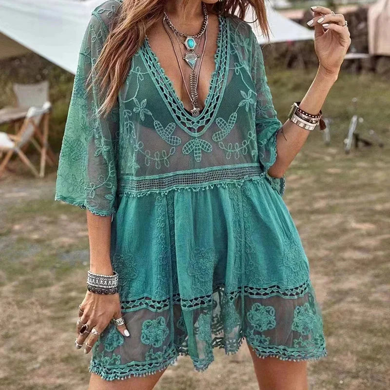 WeHello Women's Deep V Neck Boho Beach Outing Sheer Sexy Lace Cover Up Tunic Pareo Swimwear Summer Beach Dress Short Holiday