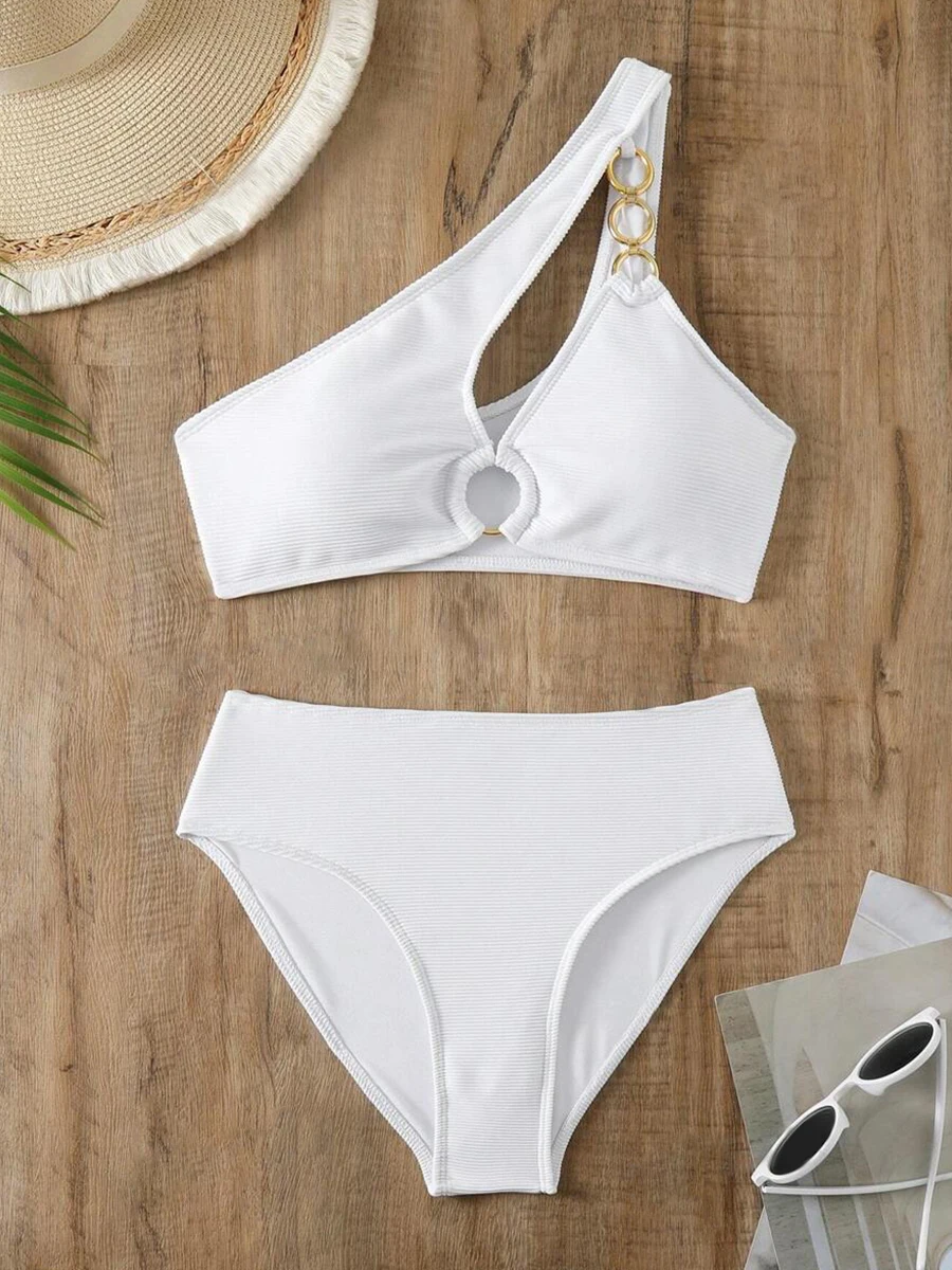 women’s sexy solid color swimsuit one shoulder cut out with circular ring detail swimwear backless bikini two piece bathing suit