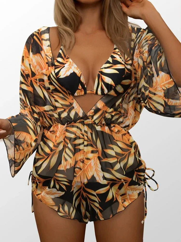 2024 New Summer Women Sexy 3 Pieces Suit Floral Print Swimwear Drawstring Beachwear Holiday Bikini Set+Bodysuit Overall Swimsuit