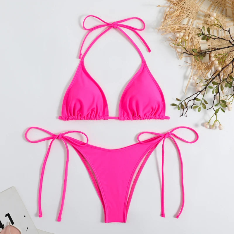 Sexy Women Thong Solid Color Bikini Set Side Halter Tie Swimsuit Ladies Split Strap Adjustable Brazilian Swimwear Beachwear